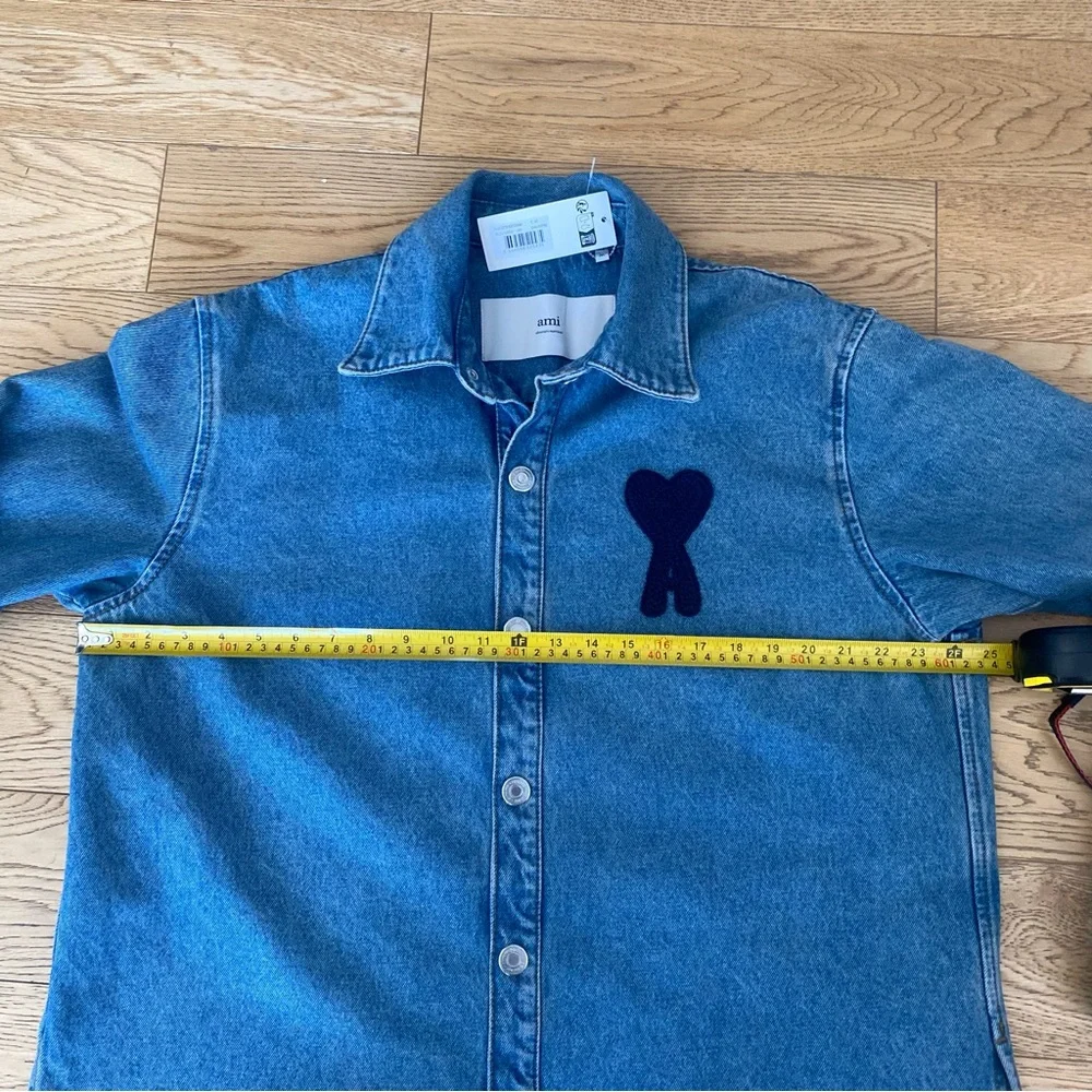 Ami Paris Coeur Denim Overshirt Button Down Shirt Oversized Heart Blue Jean M - Picture 11 of 15